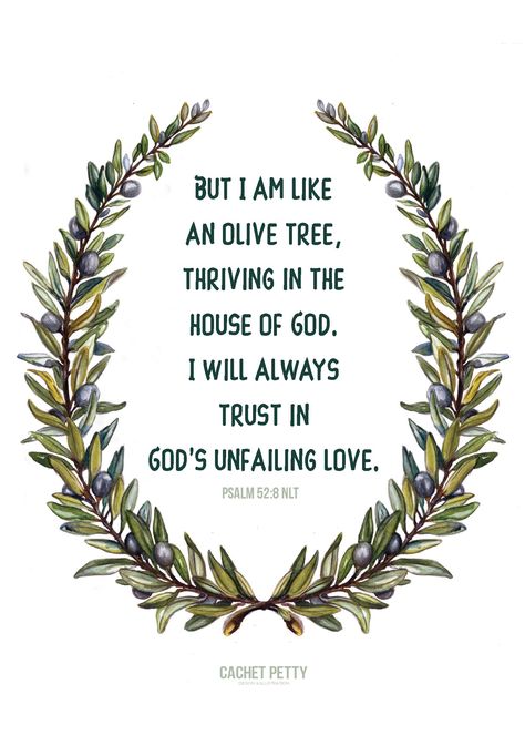 "But I am like an olive tree, thriving in the house of God. I will always trust in God's unfailing love."  Psalm 52:8 NLT  Illustration by Cachet Petty Psalm 52:8, Olive Branch Bible Verse Tattoo, Olive Branch Quotes, Olive Tree Quotes, Olive Tree Meaning, Olive Branch Bible Verse, Olive Branch Scripture, Olive Tree Bible Verse, Tree Of Life Scripture