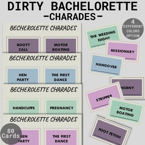 Dirty Bachelorette Charades | Bachelorette Party Game | Bachelorette Party Charades | Bachelorette Game Idea | Printable Bridal Shower Games Bachelorette Charades, Dirty Bachelorette Party Games, Dirty Bachelorette Party, Game Bachelorette Party, Bachelorette Game, Bachelorette Party Game, Bridal Bachelorette Party, Printable Bridal Shower Games, Bachelorette Games