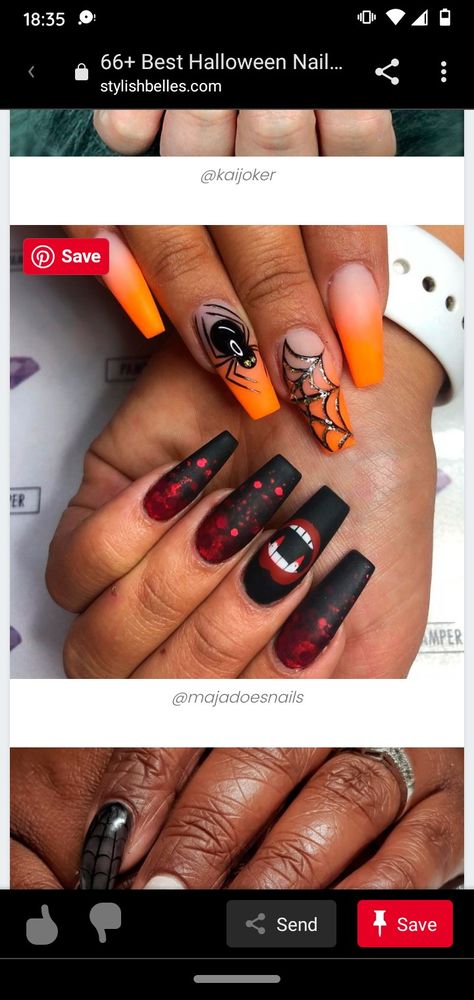 Black And Orange Nail Designs, Black Halloween Nail Designs, Split Nails, Black Halloween Nails, Orange Nail Designs, Orange Nail, Halloween Nail Designs, Halloween Nail, Black Halloween