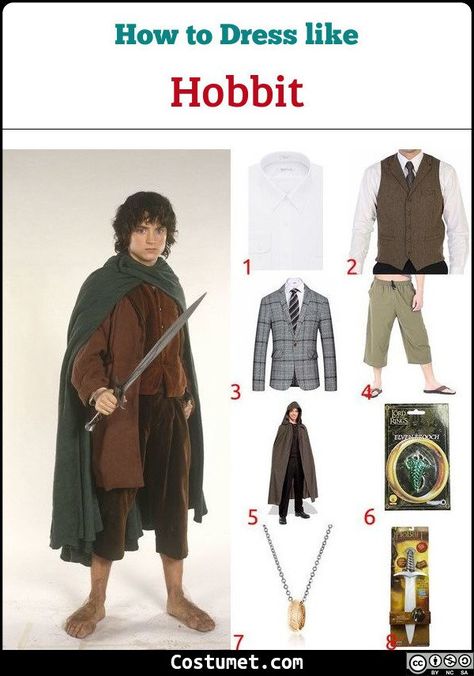 For Hobbits costume, you will need a white dress shirt, cropped pants, a tweed vest, a blazer, and a brown cape. Don’t bother with shoes since Hobbits are known to go everywhere barefoot.             #Movies #male #movies #LordoftheRings #short Hobbit Cloak, Hobbit Outfit, Lord Of The Rings Costume, Medieval Core, Shrek Jr, Hobbit Cosplay, Hobbit Costume, Brown Cape, Hobbit Movie