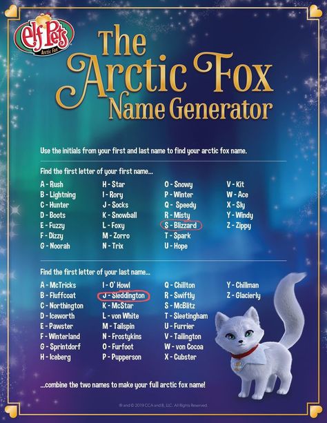 I am blizzard sleddington Fox Names Pet, Arctic Fox Birthday Party, Elf On The Shelf Arctic Fox Arrival, Fox Name Ideas, Elf On The Shelf Arctic Fox Ideas, Elf On Shelf Names, Fox Names, Winter Names, Leprechaun Names