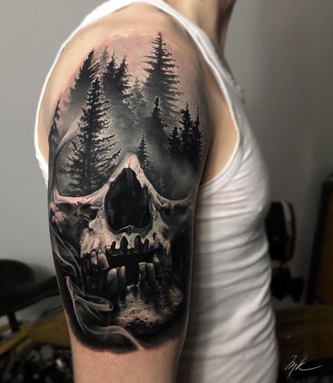 Skull And Forest Tattoo Design, Raven Tattoo Sleeve For Men, Skeleton Hand Sleeve Tattoo, Skull And Trees Tattoo, Forest Tattoo Shoulder, Outside Forearm Tattoo Men Ideas, Tyler Tattoo, Shoulder Cover Up Tattoos, Skull Forest