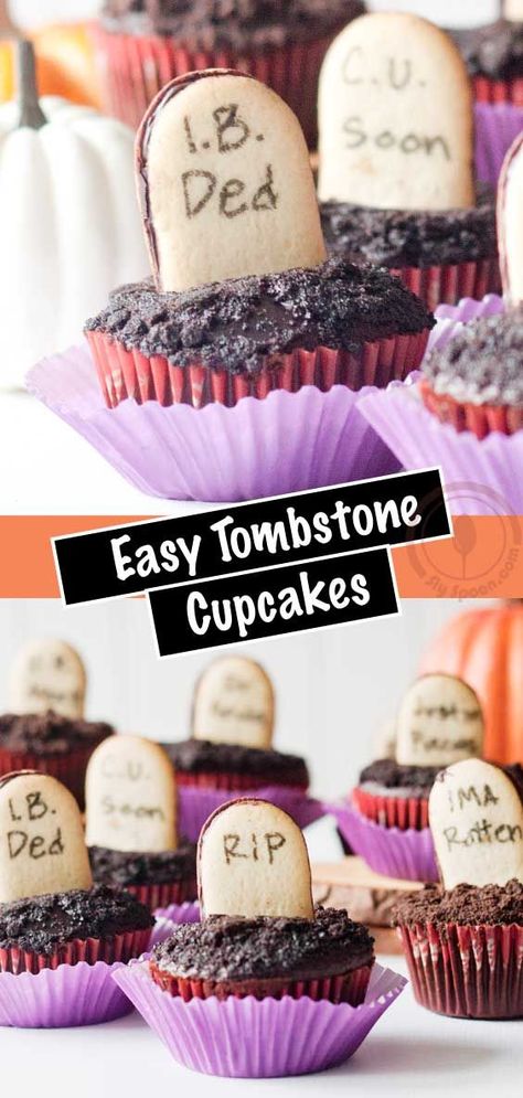 Easy Tombstone Halloween Cupcakes - Sly Spoon Tombstone Cupcakes, Halloween Treat Ideas For Kids, Halloween Treat Ideas, Tombstone Halloween, Milano Cookies, Monster Munch, Spooky Snacks, Diy Edible, Spooky Things