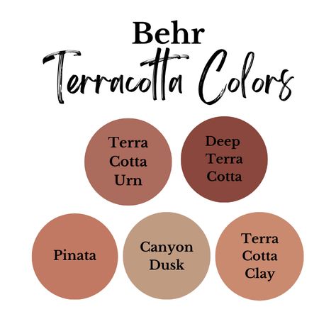 behr terracotta colors-terra cotta urn, deep terra cotta, pinata, canyon dusk, and terra cotta clay Behr Rust Paint Colors, Warm Terracotta Behr Paint, Terra Cotta Clay Behr, Terra Cotta Accent Wall Bedroom, Behr Terra Cotta Clay, Terracotta Paint Color Behr, Terracotta Behr Paint, Terra Cotta Wall Color Bedroom, Roman Clay Paint Colors