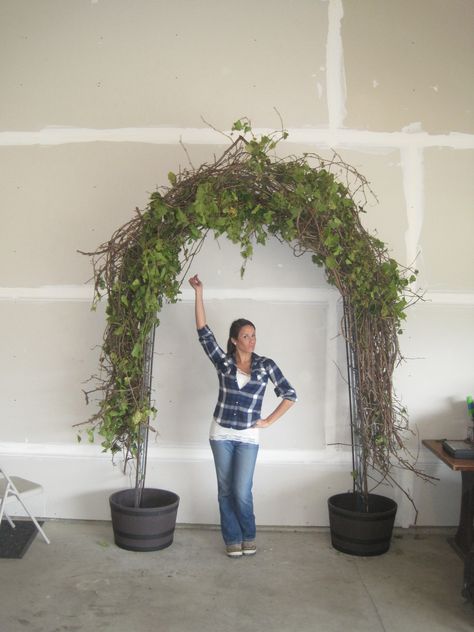 for our wedding, we made our wedding arch out of grapevine, a trellis, two buckets and a lot of wire. more pics to come with final decorations Grapevine Arch, Backyard Wedding Arch, Vine Wedding Arch, Wedding Archways, Ceremony Arch Ideas, Grapevine Trellis, Grapevine Decor, Backyard Entertaining Space, Vine Ideas