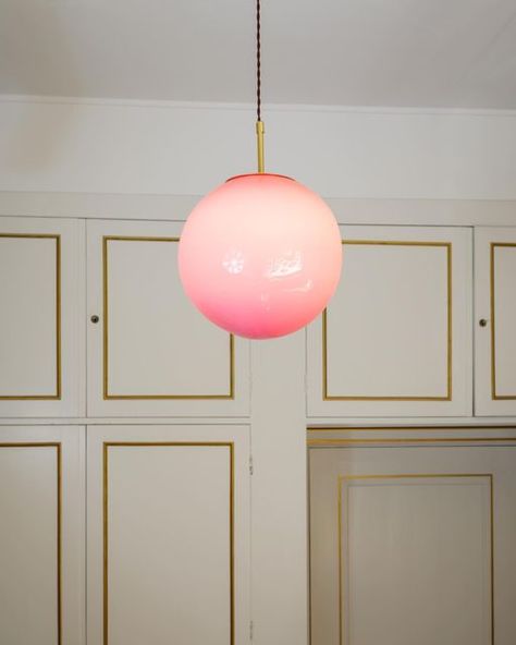 Helle Mardahl on Instagram: "The magical pink pendant lamp 💘💘 captured by @alastairwiper" Pink Lighting, Pink Pendant Light, Pink Ceiling, Glass Pendent, Ceramic Furniture, Round Lamp, Interior Design Boards, Barbie Dream House, Globe Lights