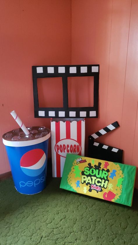 Cardboard Movie Theater, Movie Theater Vbs Theme, Movie Vbs Decorations, Movie Theme Vbs Decorations, Movie Themed Vbs, Shine Vbs Decorations, Movie Themed Crafts, Movie Clapper Board, Movie Theater Theme