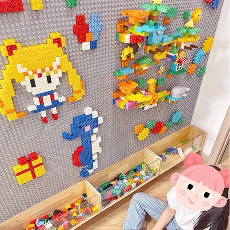 Lego Play Wall, Playroom Building Area, Playroom Craft Room, Lego Wall Playroom, Playroom Game Room Ideas, Elementary Age Playroom, Playrooms For Older Kids, Playroom Setup Layout, Garage Kids Playroom