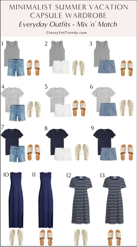 Minimalist Summer Beach Vacation Capsule Wardrobe 2021 - Everyday Outfits Mix 'n' Match Cute Travel Outfits Summer, Summer Vacation Capsule, Casual Beach Vacation Outfits, Beach Capsule Wardrobe, Summer Travel Capsule Wardrobe, Beach Capsule, Vacation Capsule Wardrobe, Travel Capsule Wardrobe Summer, Vacation Capsule