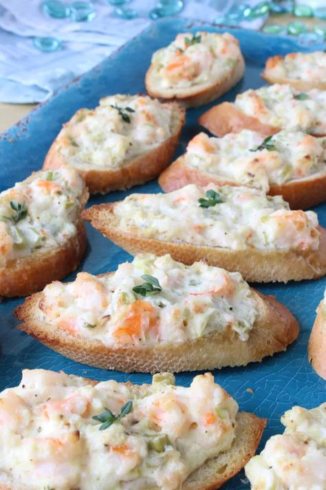 Shrimp And Grit Appetizers, Shrimp On Toast Appetizer, Shrimp Appetizer Cups, Hot Seafood Appetizers, Fancy Apps Appetizer Recipes, Shrimp Orderves, New England Shrimp Rolls, Garlic Shrimp Crostini With Avocado, Cold Fancy Appetizers