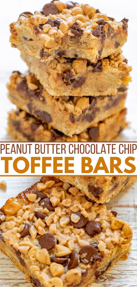 Peanut Butter Chocolate Chip Toffee Bars - Averie Cooks Peanut Butter Toffee Bars, Chocolate Chip Toffee Bars, Peanut Butter Chip Recipes, Sweet Slices, Desert Bars, Toffee Chips, Averie Cooks, Food Bars, Toffee Bars