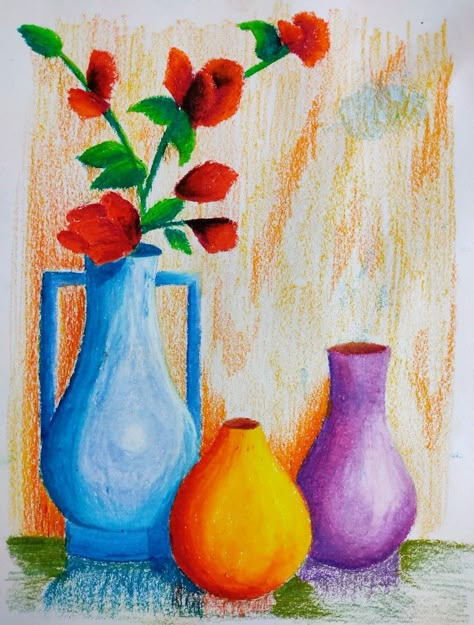 Flower Vase Still Life, Easy Still Life Drawing, Cartoon Drawing For Kids, Pastel Drawings Easy, Oil Pastel Drawings Easy, Oil Pastel Colours, Easy Art For Kids, Art Painting Tools