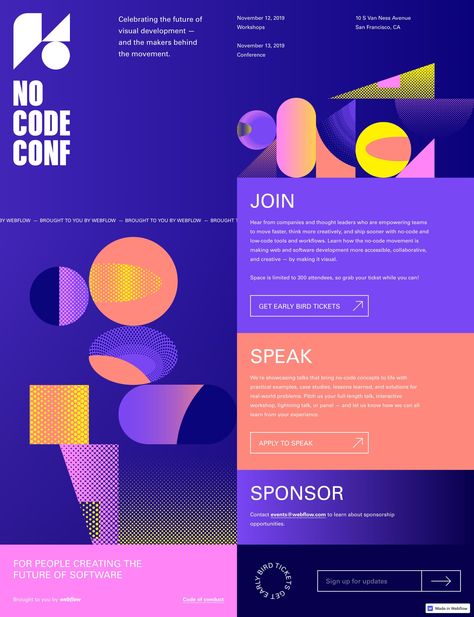 Colorful launching soon One Pager by Webflow for their upcoming No-Code Conference to be held in San Francisco in November. San Francisco In November, One Pager Design, Conference Website, Conference Branding, Conference Poster, One Pager, Poster Design Layout, Event Website, One Page Website