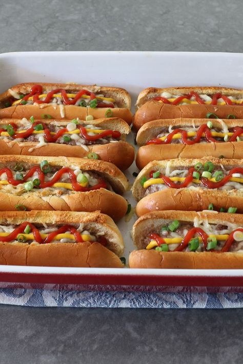 Baked Burger Dogs Hamburgers And Hot Dogs, Bake Burgers In Oven, Oven Baked Burgers With Onions, Cheese Stuffed Burger Dogs, Bacon Burger Dog, Baked Burgers, Hot Sandwich Recipes, Hot Dog Toppings, Burger Dogs