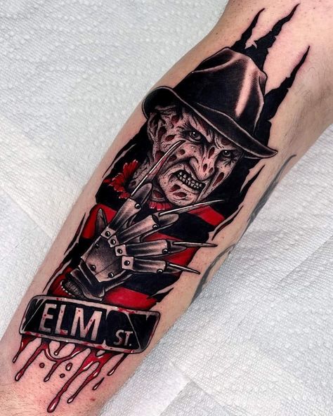 Horror Tattoo Designs, Freddy Krueger Tattoo, Halloween Tattoos Sleeve, Emo Tattoos, Horror Movie Tattoos, Chicano Tattoos Sleeve, Pink Tattoo, Movie Tattoo, Movie Tattoos