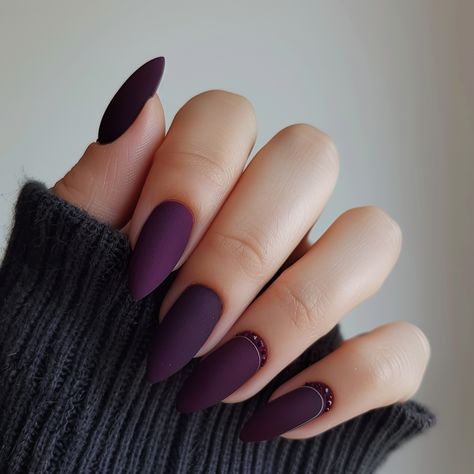 dark-purple-nails Dark Purple Matte Nails, Dark Purple Almond Nails, Midnight Purple Nails, Dark Almond Nails, Dark Plum Nails, Purple Matte Nails, Dark Summer Nails, Dark Purple Nail Designs, Dark Spring Nails