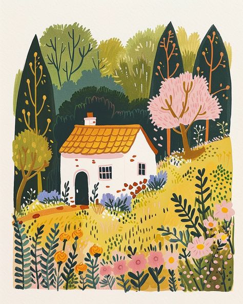 🎨🌟Explore Premium Midjourney Prompts - Follow Link in my Bio🤩🔗 Cottage Garden Illustration, Night Garden Illustration, Gouache Flower Field, Olivia Gibbs, Colorful Illustration Art, House In A Field, Illustrated Landscape, Color Palette Earthy, Painting Of A House