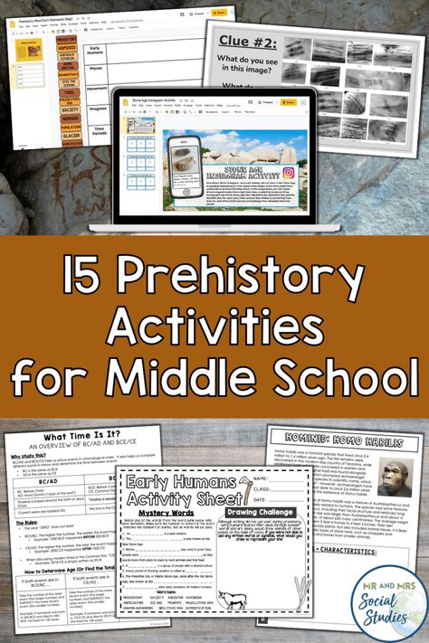 Stone Age Activities Middle School, Early Humans Projects, Prehistory Activities, Social Studies Projects Middle School, Early Humans Activities, Stone Age Activities, Middle School History Activities, Middle School Projects, Middle School Activities