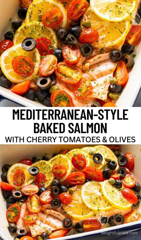 a baking dish with Mediterranean-style baked salmon fillets with lemon, cherry tomatoes, capers and olives Baked Salmon With Lemon, Salmon Recipes Oven, Baked Salmon Lemon, Salmon With Lemon, Fish Recipes Healthy, Baked Salmon Recipes, Healthy Fish, Salmon Fillets, Tomato Recipes