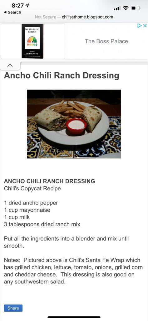 Ancho Chili Ranch Dressing, Ancho Ranch Dressing, Chilis Copycat Recipes, Dry Ranch Mix, Ranch Sauce, Ranch Mix, Ancho Chili, Food Goals, Ranch Dressing