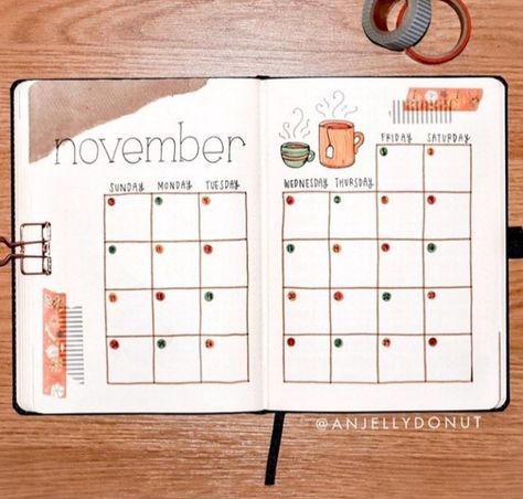 November Journal Calendar, November Bujo Calendar, November Bujo Spread, November Planner Ideas, November Planner, Autumn Bullet Journal, Dotted Journal, Bullet Journal Month, Bullet Journal 2020