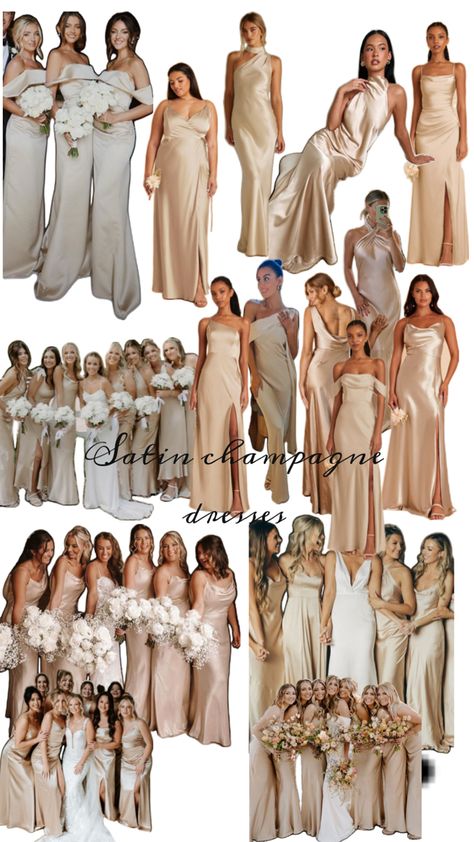 Champagne Gold Bridesmaid Dresses Mismatched, Bridesmaid Dresses Gold Champagne, Old Money Wedding Bridesmaids, Old Money Bridesmaid Dresses, Mismatched Champagne Bridesmaid Dresses, Champagne Gold Bridesmaid Dresses, 1920s Wedding Theme, Money Wedding, Dream Beach Wedding