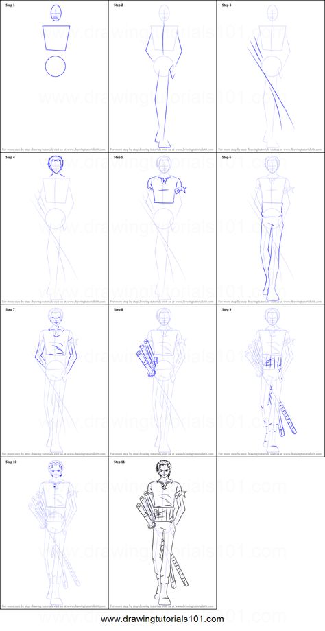 How to Draw Roronoa Zoro from One Piece Printable Drawing Sheet by DrawingTutorials101.com Zoro Drawing Tutorial, How To Draw Zoro One Piece, How To Draw Like One Piece, Roronoa Zoro Drawing Easy, Zoro One Piece Reference, One Piece Art Style Tutorial, How To Draw Zoro One Piece Step By Step, One Piece Cartoon Art, One Piece Drawing Zoro