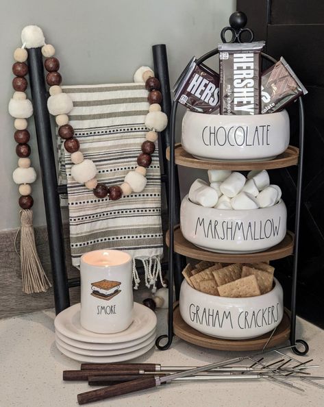 Smores Decor, Smores Display, Rae Dunn Hutch Display, Welcome To Our Nest, Marshmallow Smores, Smores Maker, Snack Display, Tabletop Fireplaces, Chocolate Marshmallow