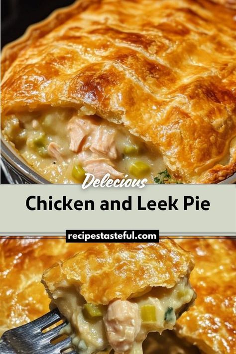 A comforting pie filled with tender chicken and flavorful leeks in a creamy sauce, all topped with flaky puff pastry. Perfect for cozy dinners or special occasions. Chicken And Leek Recipes, Chicken Pasties, Chicken And Leek Pie, Leek Pie, Cozy Dinners, Leek Recipes, Creamed Leeks, Festive Appetizers, Christmas Recipes Easy