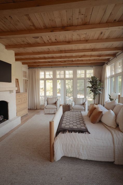 Our Cabin Inspired Primary Bedroom – S+S Goods Shop Calm Bedroom Ideas Master Suite, Ranch House Aesthetic, White With Wood Accents, Coastal Living Room Decor, Rustic Farmhouse Interior, Casa Country, Cottage Bedroom, Dream House Interior, Dream House Plans