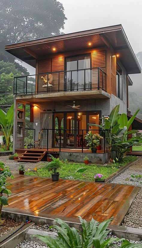 Bamboo House Design Philippines, 60sqm House Design, Thailand House Design Modern, Small Tropical House Design, Jungle House Aesthetic, Wooden House Architecture, Japanese Country House, Asian Farmhouse, Small Tropical House