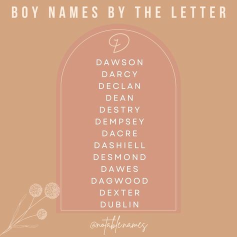 This post is brought to you by the letter D. These boys names are a selection of some of my favourite names that begin with the letter D. This list, per usual is all over the map! We've got classic names, gender neutral names, surname names, place names and everything in between. Show me a name with a little whimsy, a little pizzaz and you'll be showing me a name I love 😍 Did your fave D name make the list? #names #babynames #babynameinspo #babyboynames #babynameideas #boynames D Boy Names, D Names, Names Gender Neutral, D Name, Neutral Names, Boys Names, The Letter D, Gender Neutral Names, Classic Names