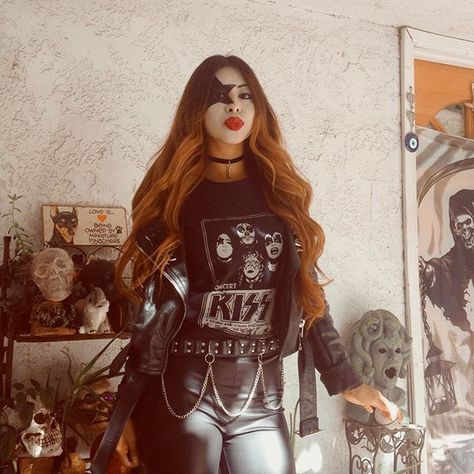 Pin for Later: 27 Last-Minute Costumes That College Students Will LOVE Kiss Band Member 80s Band Costume Halloween, Kiss Band Costume Diy, Kiss Band Concert Outfit, Kiss Band Outfit Ideas, Kiss Band Outfits, Acdc Costume, Kiss Concert Outfit Ideas, Kiss Band Costume, Rocker Halloween Costume