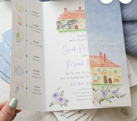 Wedding Invitations With Illustration, Water Colour Wedding Invites, Wedding Invite Watercolor, Wedding Invitation Colorful, Wedding Invitations Colorful, Colourful Wedding Invitations, Wedding Invitation Folding, Watercolor Invitations Wedding, Korean Wedding Invitation