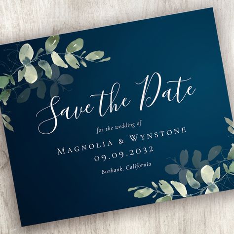 Blue Wedding Save The Date, Navy Blue Wedding Theme, Dark Blue Wedding, White Weddings Reception, Green Themed Wedding, Watercolor Eucalyptus, Save The Date Designs, Sage Wedding, Green Wedding Invitations