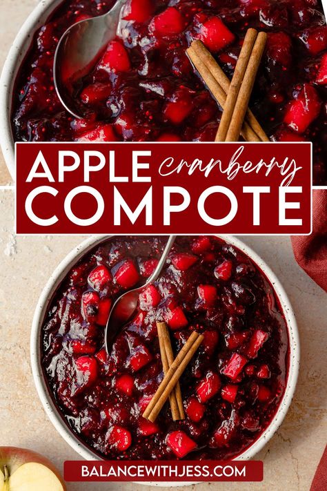 This easy Apple Cranberry Compote is deliciously sweet, tart, & festive. It's perfect for Thanksgiving or Christmas but easy enough to make year-round! With only 6 ingredients and 25 minute cook time, this homemade apple and cranberry sauce is way better than canned! Vegan, vegetarian, less than 10 ingredients, gluten free, dairy free, nut free. Cranberry Sauce Gluten Free, Cranberry Apple Sauce Thanksgiving, Cranberry Apple Compote, Apple Cranberry Compote, Cranberry Apple Compote Recipe, Cranberry Compote Recipe, Cranberry Sauce With Apples, Apple Cranberry Sauce, Cranberry Applesauce