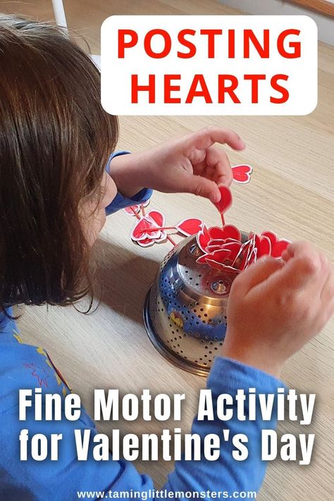 Posting Hearts (Valentine’s Fine Motor Activity for Kids). Help older babies and toddlers develop fine motor skills with this easy play idea. Perfect for valentines day. #valentine #finemotor #baby #toddler #preschool Toddler Lessons, Play Based Learning Activities, Fine Motor Activity, Lesson Plans For Toddlers, February Crafts, Fine Motor Activities For Kids, Kids Help, Pre Writing Activities, Preschool Fine Motor