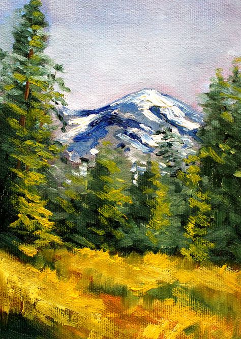 Impressionist Pine Trees, Mountains And Trees Painting Easy, Oil Painting Trees Forests, Mountain Forest Drawing, Impressionist Forest Painting, Mountain And Tree Painting, Simple Mountain Landscape Painting, Woodland Scene Painting, Painting Forest Trees