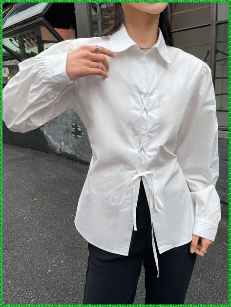 [CommissionsEarned] White Casual Long Sleeve Cotton Plain Shirt Embellished Non-Stretch Women Tops, Blouses And Tee #womenblousesfashion2023 White Shirt Ideas, Korean Tops Blouse, Casual Tie Outfit, Japanese Blouse, Aesthetic Blouse, Streetwear Blouse, Korean Blouse, 90s Inspired Outfits, Women Blouses Fashion