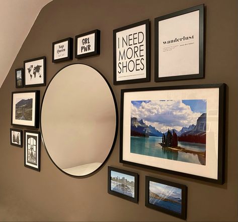 Gallery Wall Ideas Tall Wall, Gallery Wall Layout With Circle Mirror, Photo Wall With Round Mirror, Circle Mirror Collage Wall, Wall Collage With Round Mirror, Circle Gallery Wall, Photo Gallery Wall With Mirror, Picture Wall With Mirror In Center, Mirror Wall Decor With Pictures