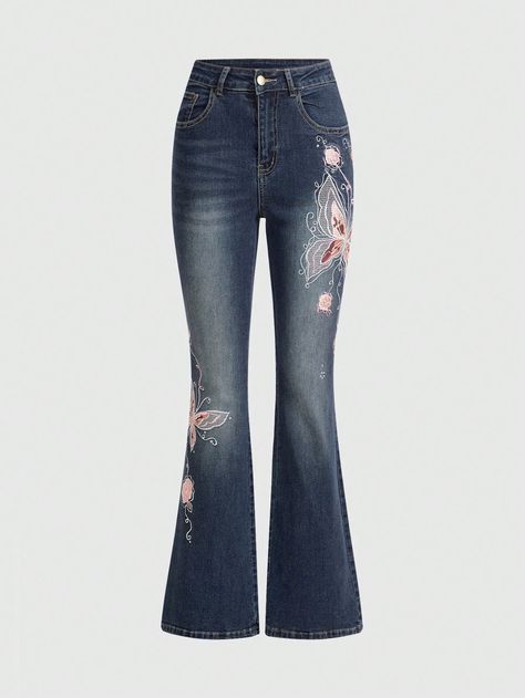 ROMWE Goth Vintage Y2K Butterfly Rose Jacquard Embroidered Women Low Waist Slim Fit Flare Denim Jeans, SchoolI discovered amazing products on SHEIN.com, come check them out! Y2k Butterfly Jeans, Vintage Low Waist Jeans, Y2k Flare Jeans, Y2k Bottoms, Butterfly Jeans, 2000s Jeans, Goth Vintage, Blue Flare Jeans, Y2k Butterfly