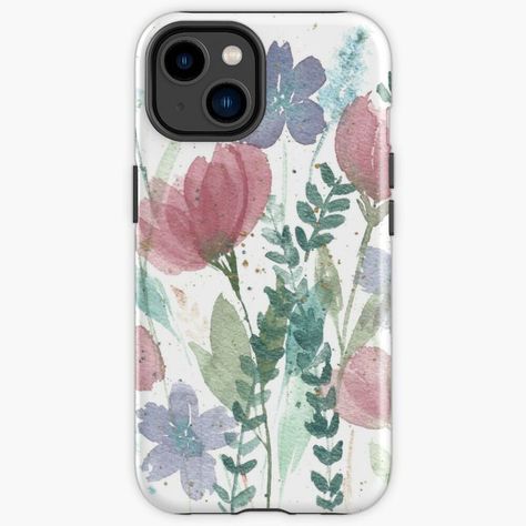 Wildflower watercolor painting on a cell phone case. Messy style watercolor with pink and purple flowers and green foliage. Aesthetic Phone Cases Wildflower, Watercolor Phone Case, Flower Drawing Phone Case, Messy Watercolor, Phone Case Watercolor Painting, Flower Phone Case Painting, Messy Style, Wildflower Watercolor, Watercolor Wildflowers