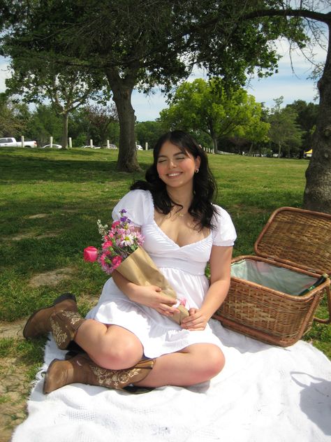 spring, picnic, flower bouquet, cowboy boots, digital camera photo, picnic basket, sunny day Picnic Blanket Photoshoot, Senior Picnic, Marketing Photoshoot, Picnic Pictures, White Picnic, Picnic Inspo, Dress Pic, Birthday Picnic, Spring Picnic