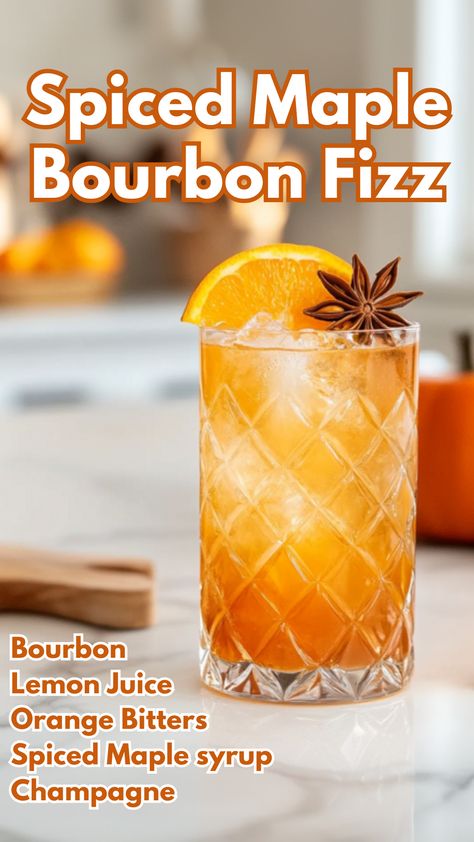 The+Spiced+Maple+Bourbon+Fizz+is+a+warm,+bubbly+cocktail+perfect+for+autumn+and+winter+celebrations.+This+drink+combines+smooth+bourbon,+zesty+lemon,+and+spiced+maple+syrup,+topped+with+champagne+for+a+festive+twist.+Garnished+with+an+orange+slice+and+star+anise,+it’s+a+cozy+yet+refreshing+treat.  #spicedmaplebourbonfizz+#thanksgivingcocktails+via+@mybartender Spiced Maple Bourbon Fizz, Spiced Bourbon Cocktail, Thanksgiving Bourbon Cocktails, Drinks With Apple Cider, Maple Drinks, Cocktails With Bourbon, Bourbon Fizz, Winter Mocktails, Autumn Cocktail