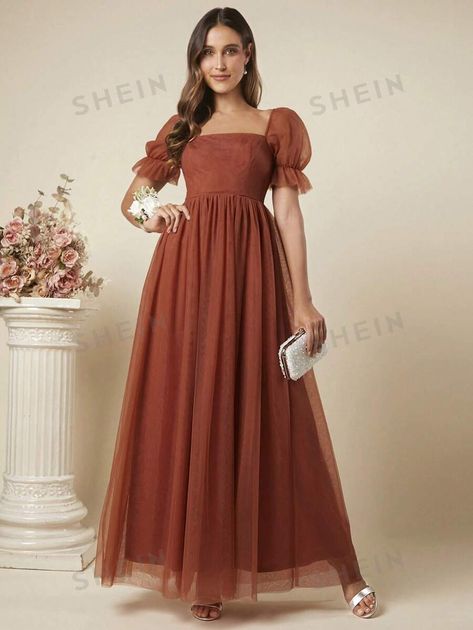 SHEIN UK Burnt Orange Prom Dress, Latest Bridesmaid Dresses, Rust Bridesmaid Dress, Mesh Overlay Dress, Cotton Caftan, Bridesmaid Dresses With Sleeves, Elegant Bridesmaid Dresses, Modest Dresses Casual, Chiffon Evening Dresses