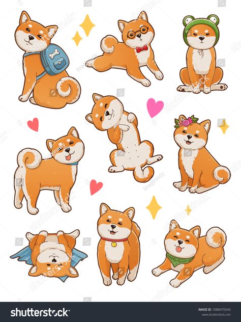 Shiba Inu Chibi, Chibi Dog Poses, Dog Chibi Drawing, Funny Dog Poses, Shiba Inu Sticker, Dog Lying Down Drawing, Shiba Inu Dog Drawing, Dog Poses Drawing, Cute Dog Poses