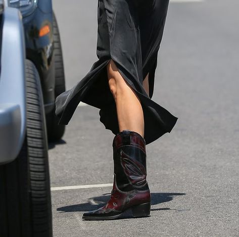 Kendall Jenner in a slip dress and cowboy boots Slip Dress And Cowboy Boots, Dress And Cowboy Boots, Celine Boots, Blue Cowboy Boots, Black Cowgirl Boots, Embroidered Boots, Tortoise Shell Sunglasses, Leather Cowboy Boots, Chunky Boots