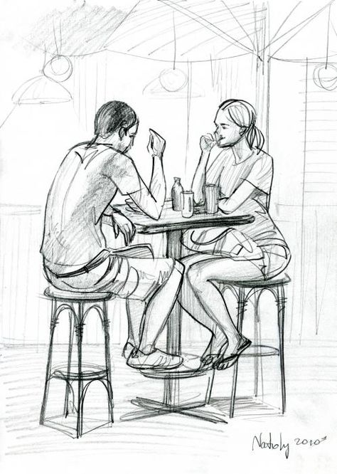 Pencil Couple Art Drawings, People Watching Drawing, Couple In Cafe, Human Composition, Cafe Drawing, People Holding Hands, Watch Drawing, Shading Drawing, Perspective Sketch