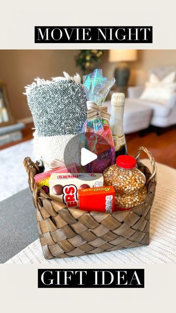 Cozy Night In Gift Basket, Movie Night Basket, Cozy Movie Night, Movie Night At Home, Movie Night Gift Basket, Movie Night Gift, Instagram Movie, Night At Home, Christmas Gift Baskets