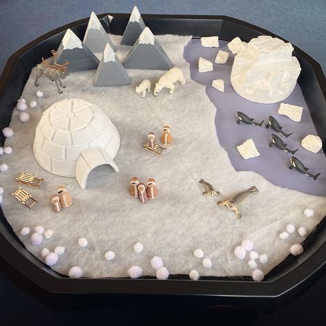 Artic Tuff Tray, Arctic Animals Tuff Tray, Polar Regions Eyfs, Arctic Diorama For Kids, Frozen Small World Play, Arctic Small World Play, Arctic Animals Activities, Winter Sensory Bin, Holiday Program